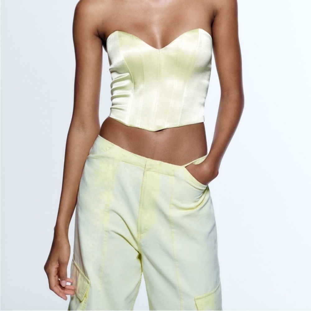 2 Piece 🆕NWT Zara Lime Green/Yellow Cargo Pants and Matching Corset Top 🍋‍🟩
